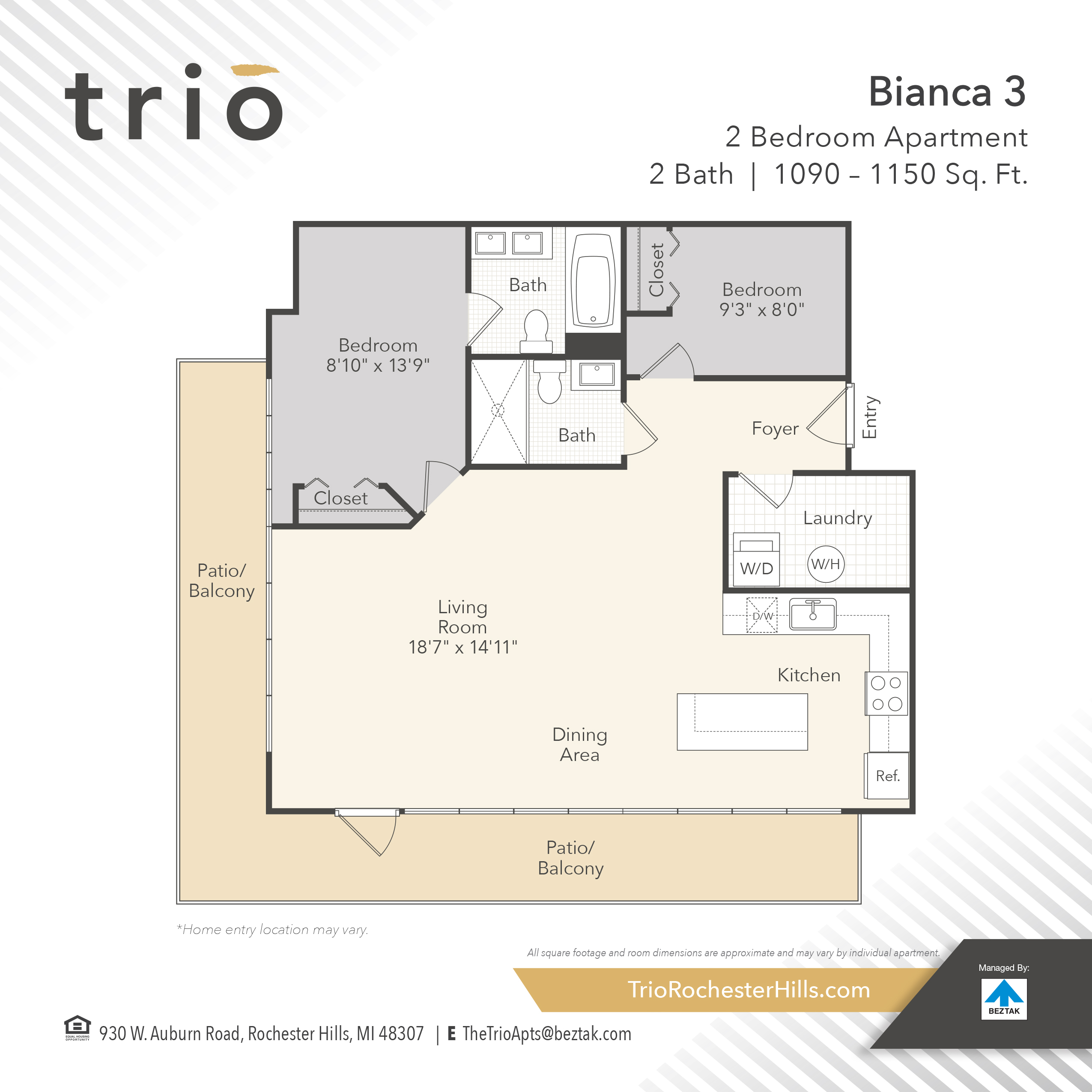 Floor plan for 2 beds, 2 baths, 1150 sqft